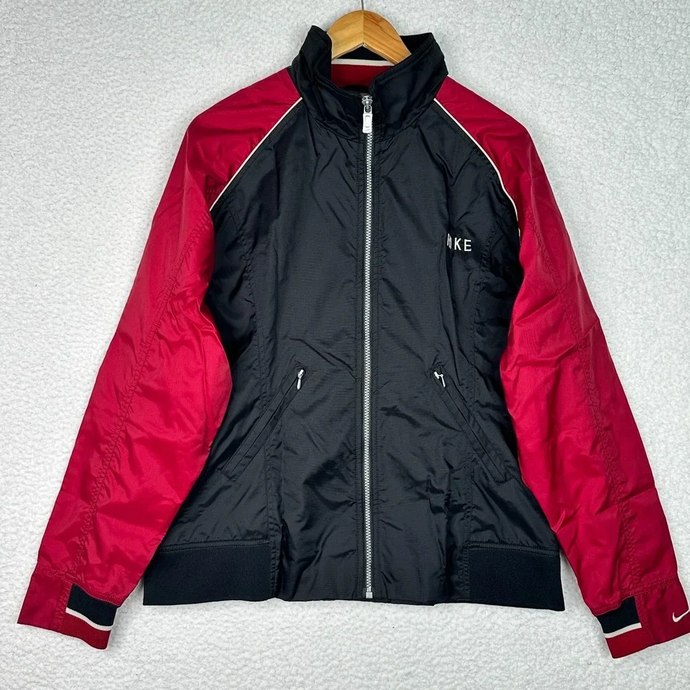 Nike Vintage Red‎ Black Track Jacket Women L Full Zip Swoosh Windbreaker Y2K 90s